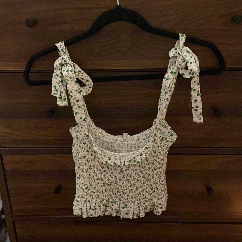 Olivaceous I white and green floral pattern crop top with ruffle detail